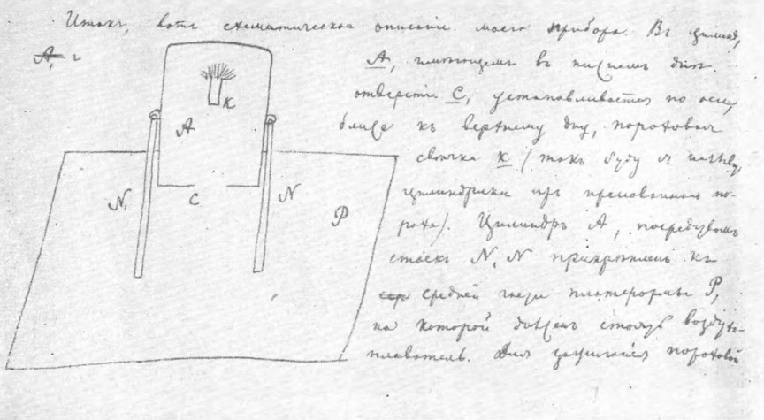 Факсиміле рукопису М. Кибальчича зі схемою "повітроплавного приладу"
