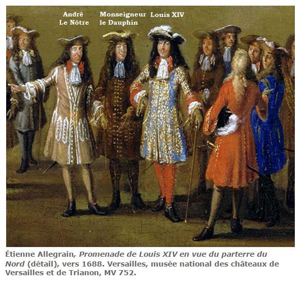 Е. Алегрен. Король Людовик XIV у Версалі. Деталь картини. Зображено короля, праворуч від нього його сина, дофіна, а поруч Андре Ленотр, садівника короля.